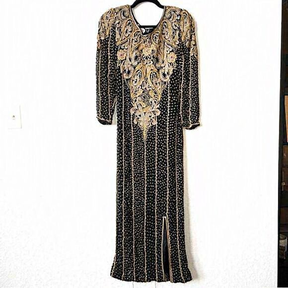 Vintage Fantasy by Lisa Kane Black & Gold Fully Beaded Silk Maxi Dress‎ Small - Picture 1 of 10